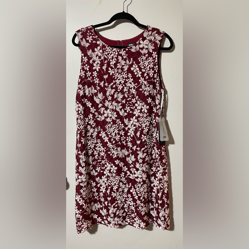 Karl Lagerfeld Burgundy and White Mini Embroidered Tank Dress